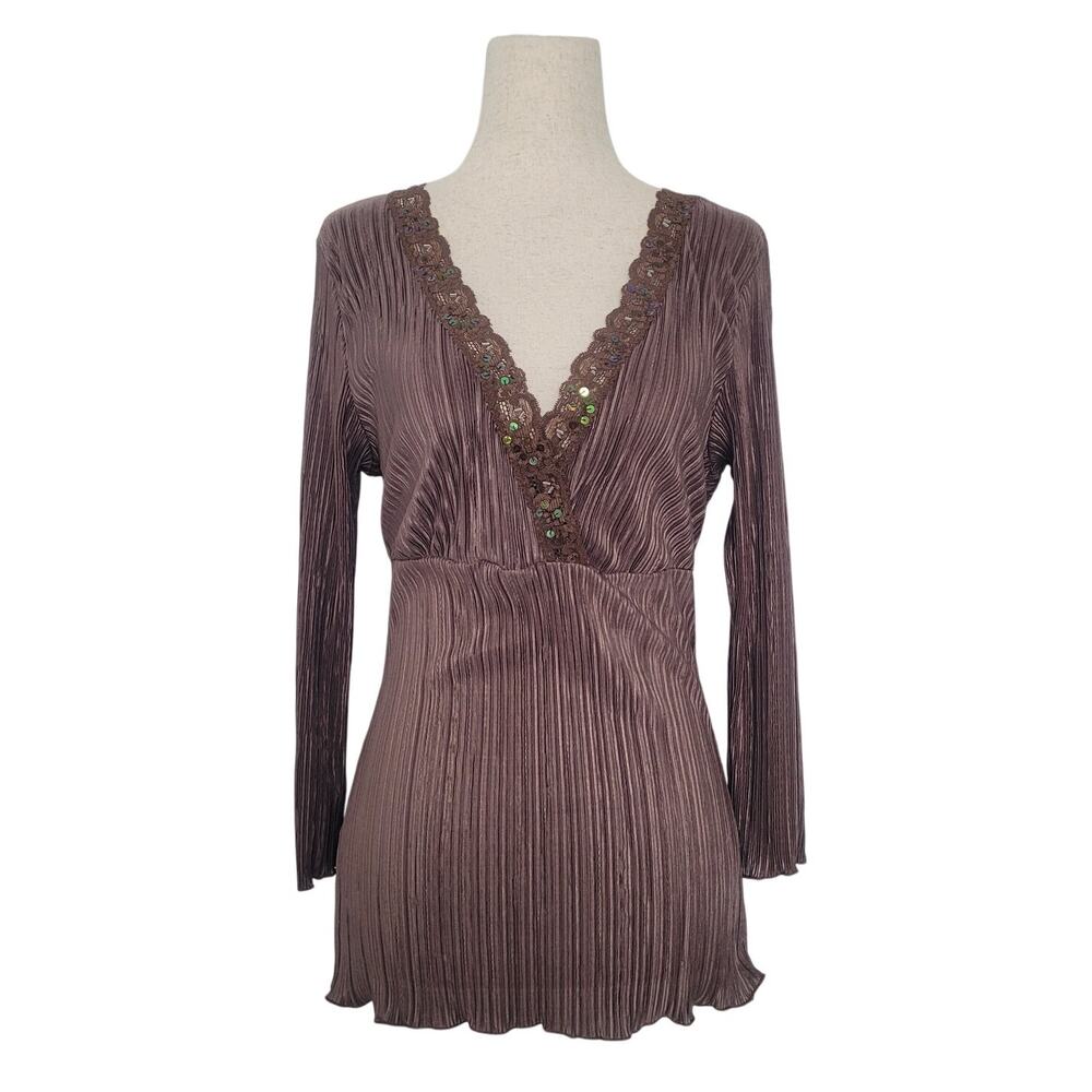 Vintage Y2K Babydoll Satin Pleated Lace Trim Top Size M Brown Fairy Boho Hippie